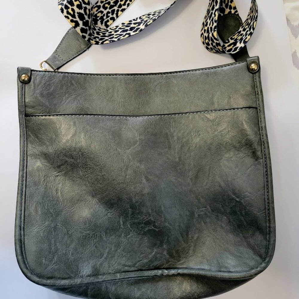 Gunmetal gray‎ faux leather handbag with animal print fabric strap